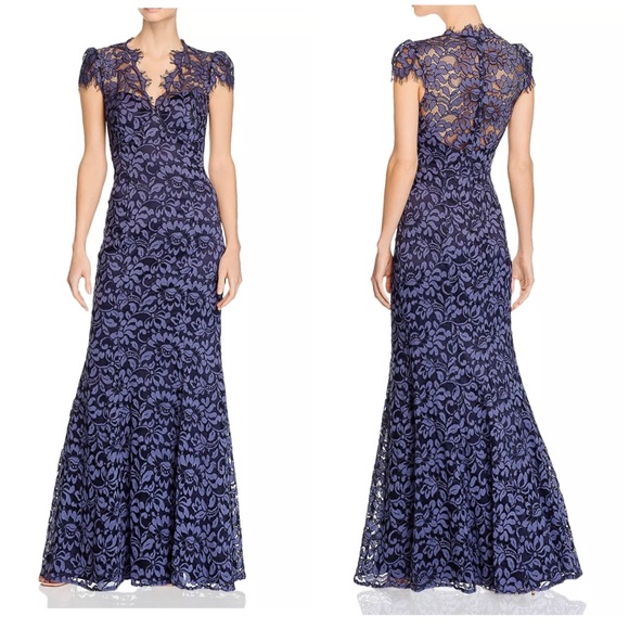 Eliza J Dresses & Skirts - NWT EIiza J Cap Sleeve Illusion V-Neck Lace Sheath Navy Gown Size 10